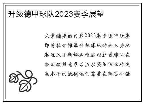 升级德甲球队2023赛季展望
